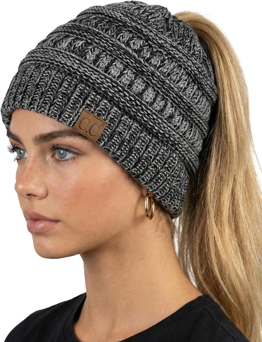 Ponytail Beanie for Women - Winter Ponyback Hat Soft Stretch Cable Knit High Pony Tail Womens Running Hats